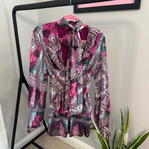 Misguided Peace + Love Pink Paisley Printed Balloon Sleeve Tie Romper Size 4 NWT